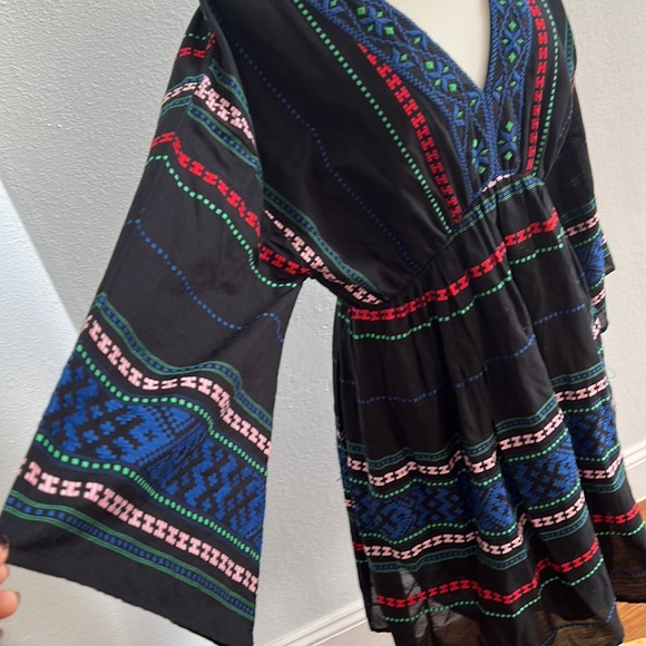 Joie 100% Cotton Embroidered Boho V-Neck Bell Sleeve Mini Dress Size L - Picture 5 of 11